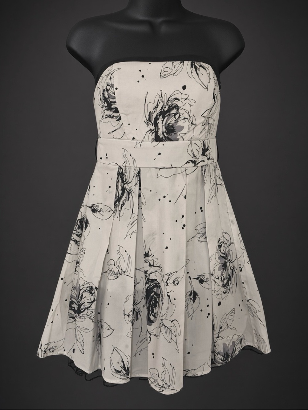 Trixxi Strapless Floral Fit-and-Flare Dress in Ivory and Black Sketch
